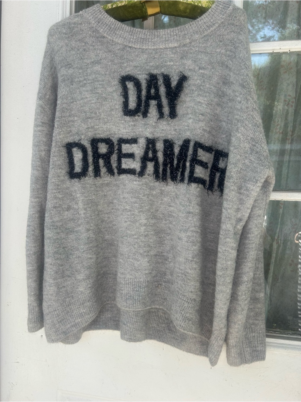 Broadway 38 Day Dreamer Sweater Large Gray Eyelash Letter Knit Cozy Pullover
